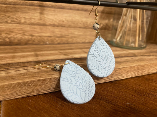 Baby blue printed clay drop earrings