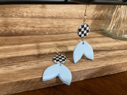 Baby blue & checkered clay drop earrings