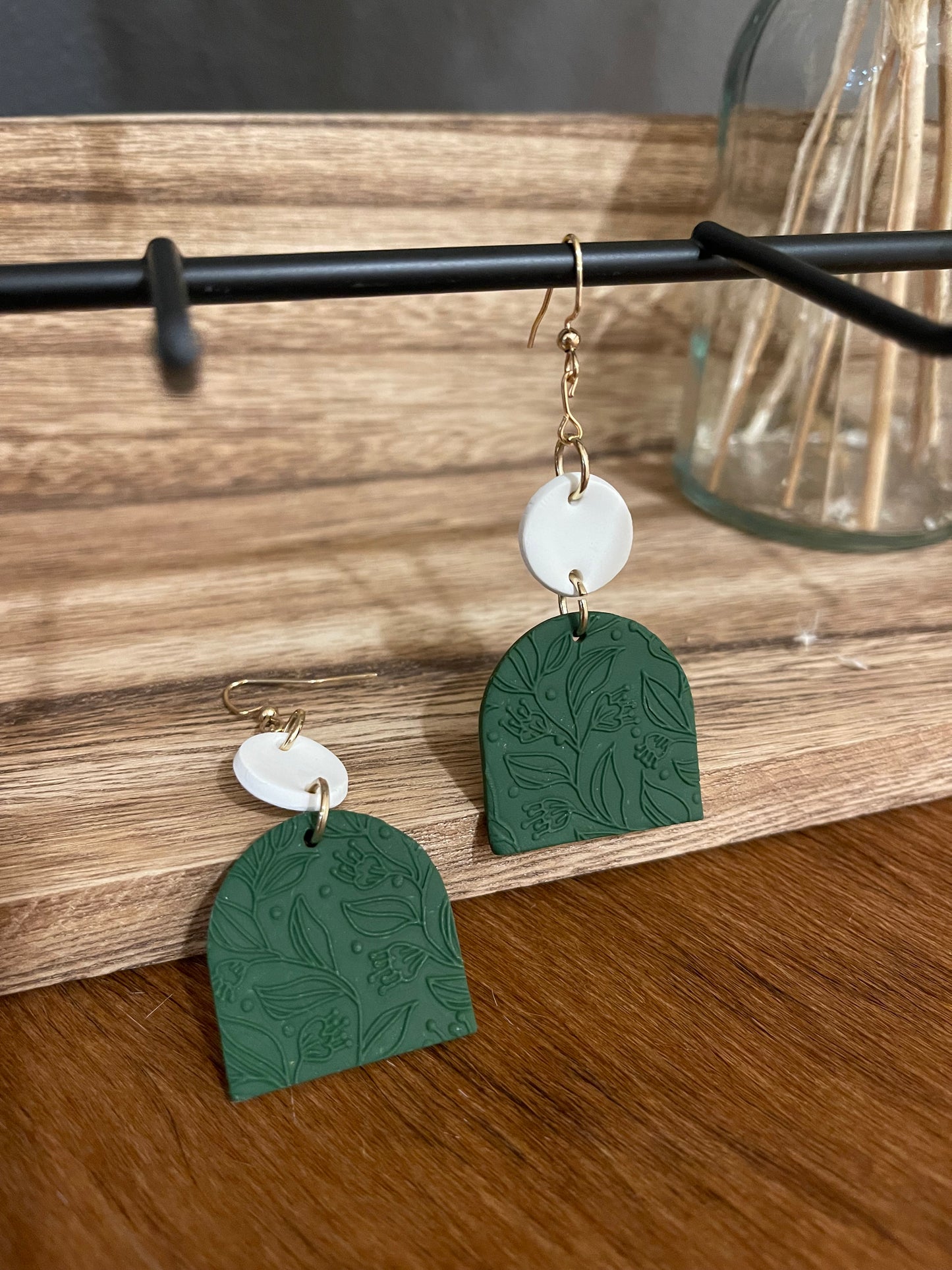 Dark green & white floral printed clay dangle earrings